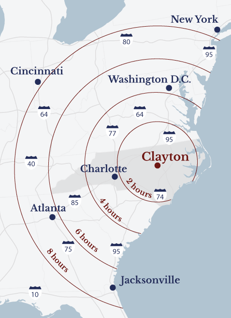A map showing drive times from Clayton to large cities